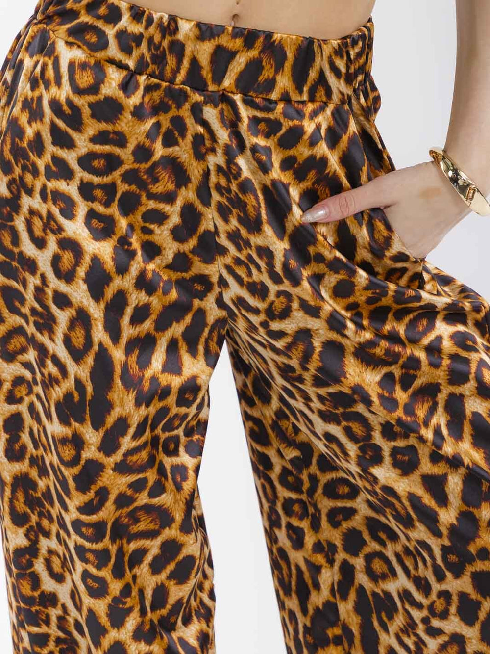 WOMEN'S ELASTIC WAIST POCKETS ANIMAL PRINT WIDE LEG PANTS