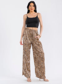 WOMEN'S ELASTIC WAIST POCKETS ANIMAL PRINT WIDE LEG PANTS