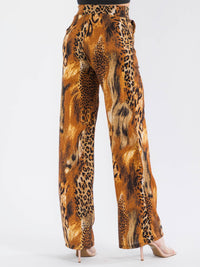WOMEN'S ELASTIC WAIST POCKETS ANIMAL PRINT WIDE LEG PANTS