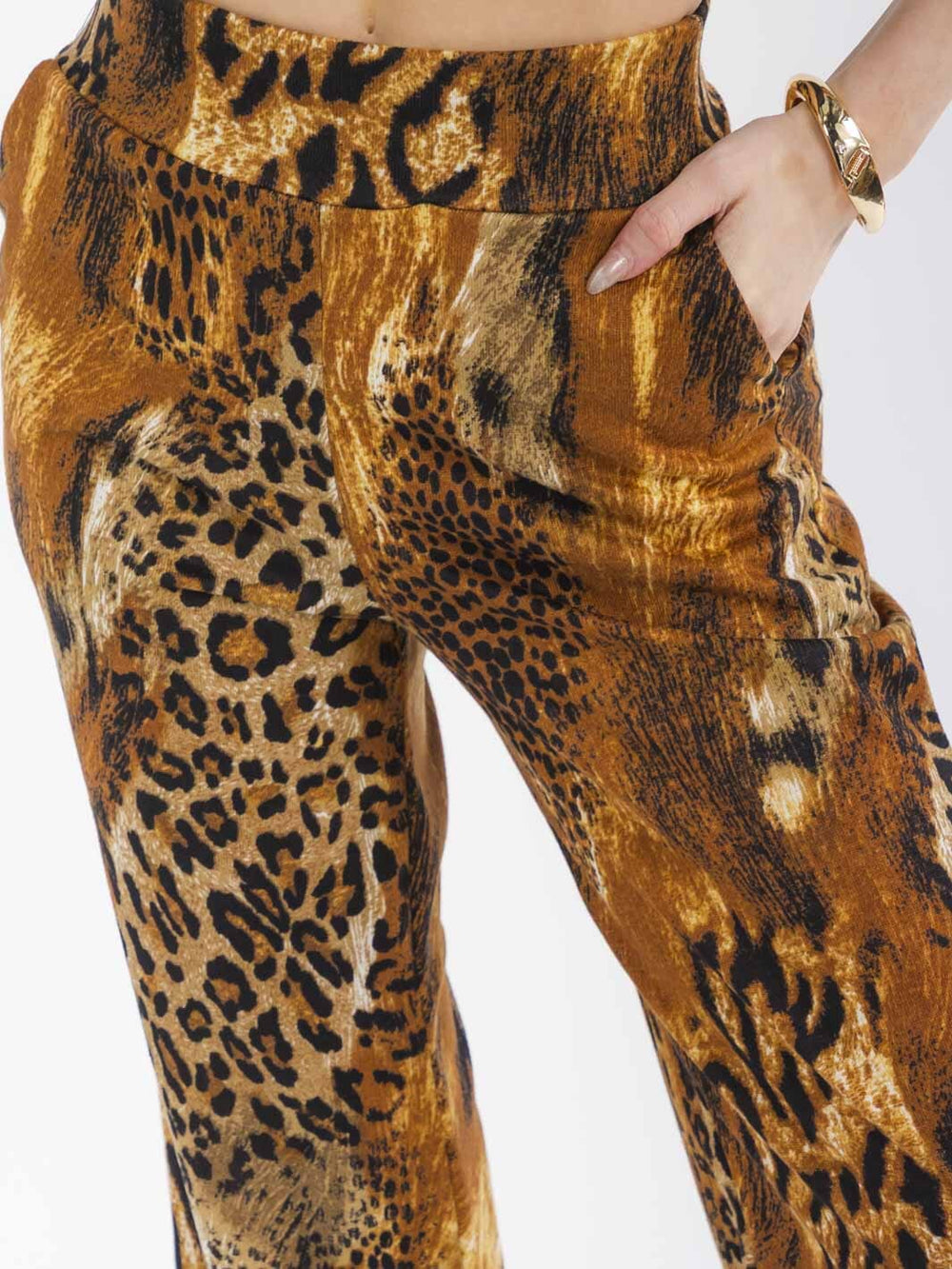 WOMEN'S ELASTIC WAIST POCKETS ANIMAL PRINT WIDE LEG PANTS