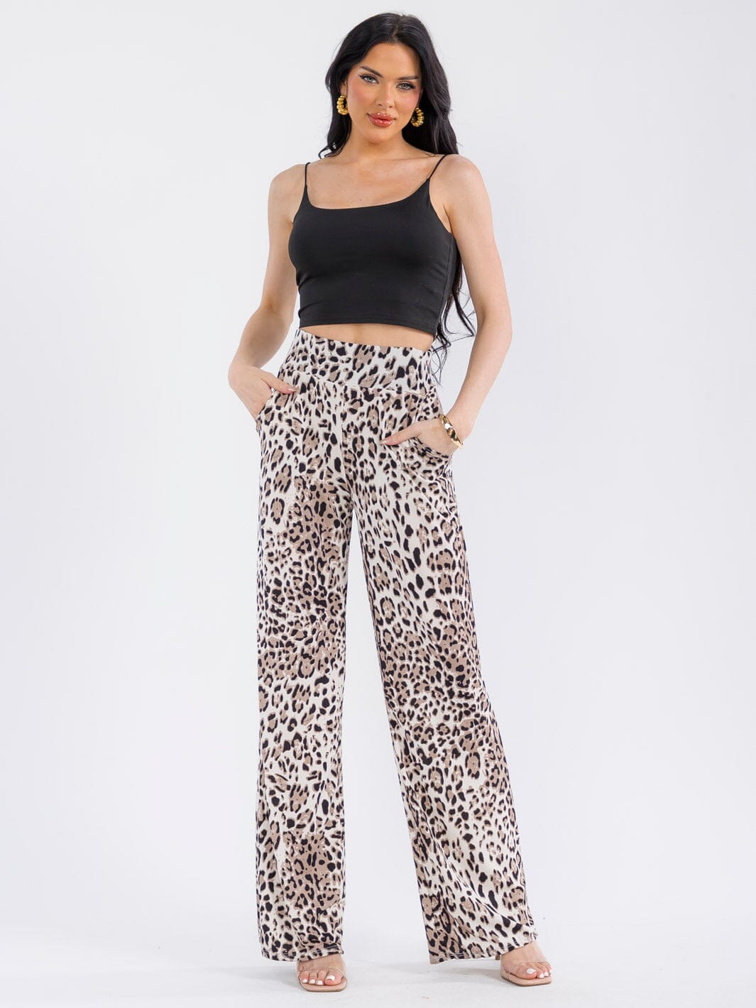WOMEN'S ELASTIC WAIST POCKETS ANIMAL PRINT STRAIGHT LEG PANTS