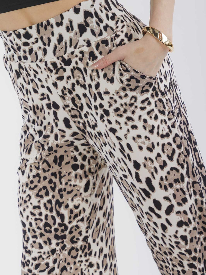 WOMEN'S ELASTIC WAIST POCKETS ANIMAL PRINT STRAIGHT LEG PANTS