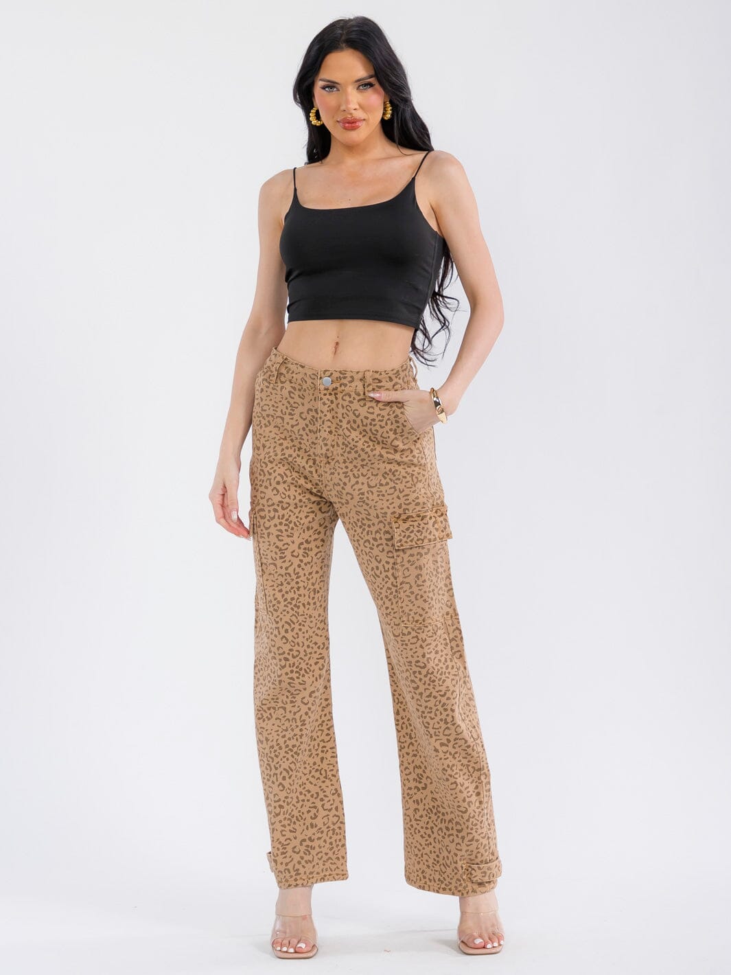 WOMEN'S BUTTON CLOSURE POCKETS ANIMAL PRINT WIDE LEG DENIM PANTS