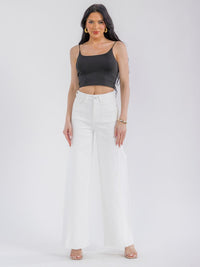 WOMEN'S BUTTON CLOSURE POCKETS WIDE LEG DENIM PANTS