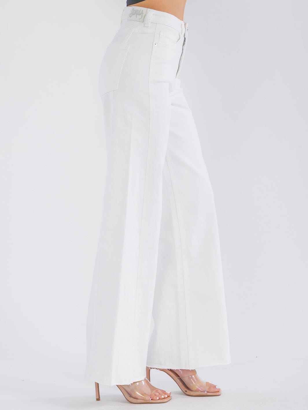 WOMEN'S BUTTON CLOSURE POCKETS WIDE LEG DENIM PANTS