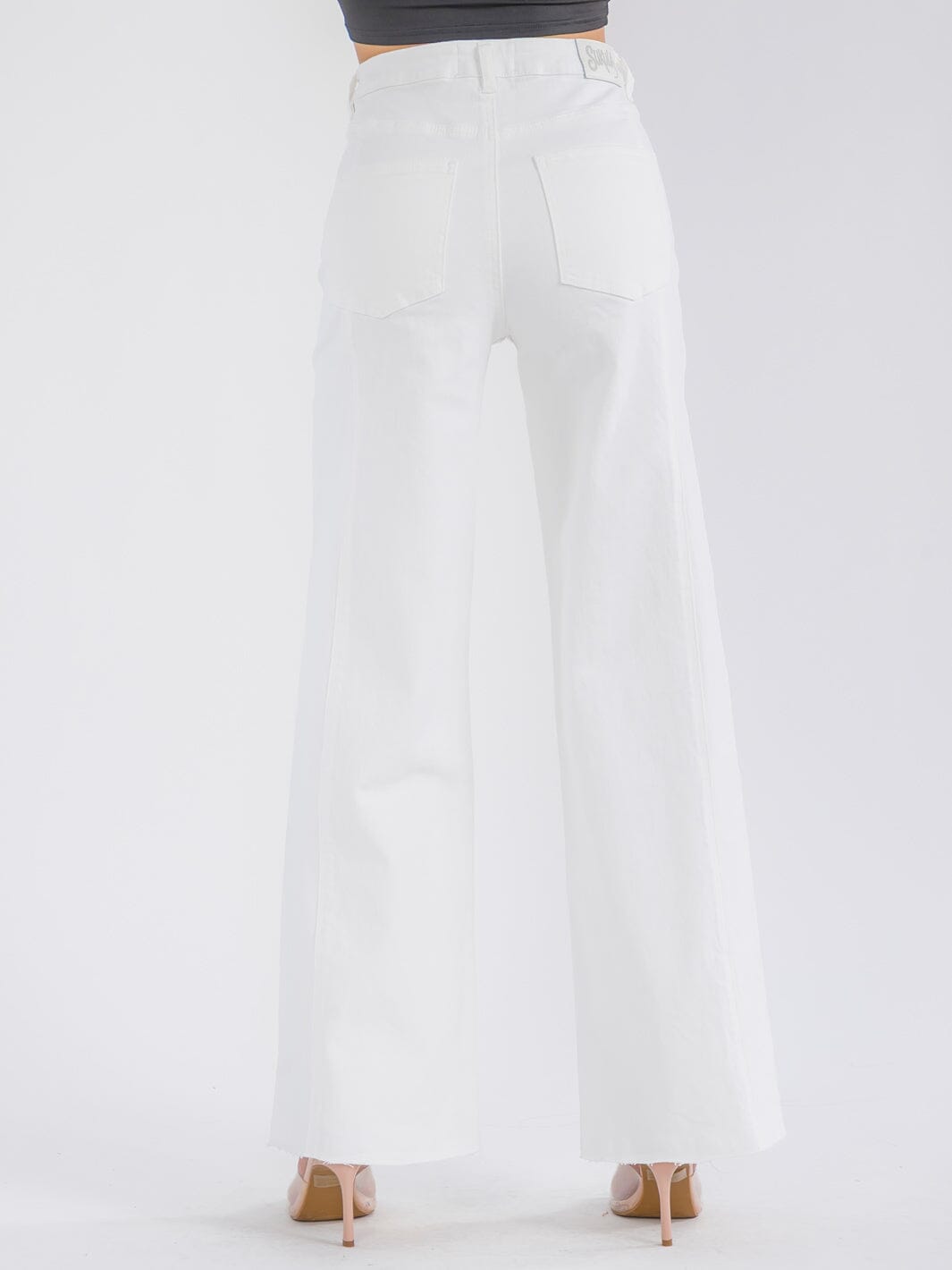 WOMEN'S BUTTON CLOSURE POCKETS WIDE LEG DENIM PANTS