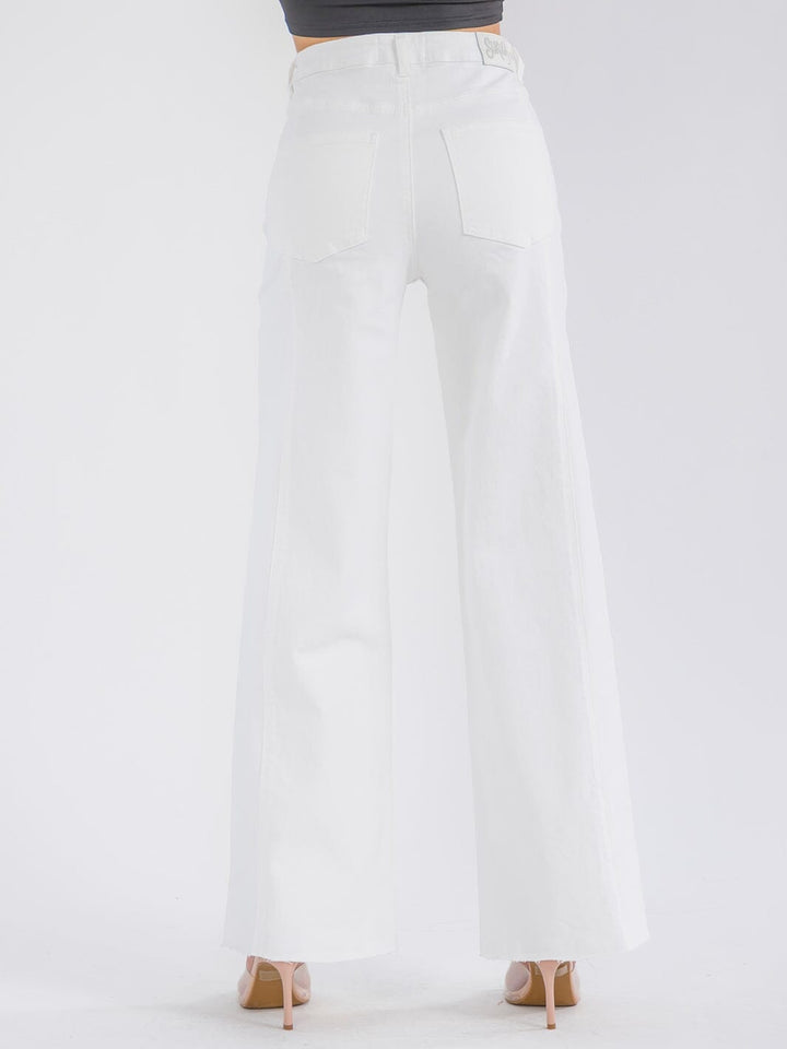 WOMEN'S BUTTON CLOSURE POCKETS WIDE LEG DENIM PANTS