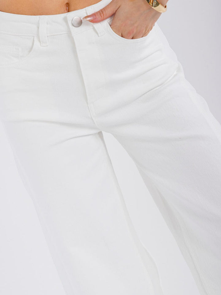 WOMEN'S BUTTON CLOSURE POCKETS WIDE LEG DENIM PANTS