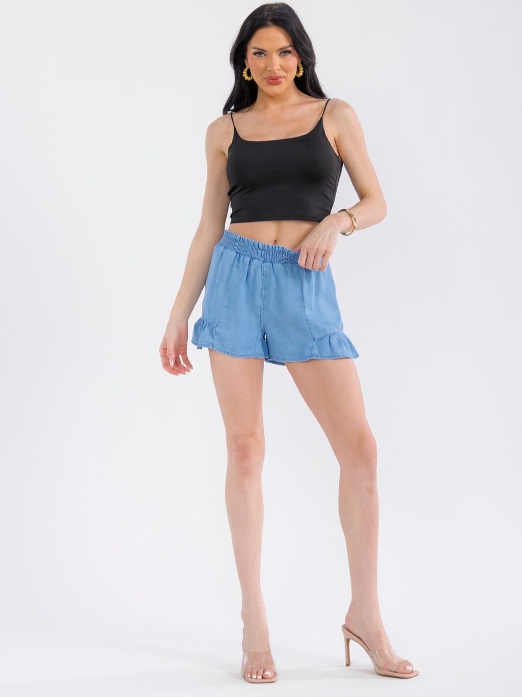 WOMEN'S ELASTIC WAIST RUFFLE BOTTOM HEM CHAMBRAY MINI SHORTS