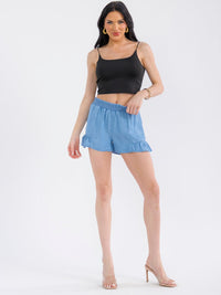 WOMEN'S ELASTIC WAIST RUFFLE BOTTOM HEM CHAMBRAY MINI SHORTS