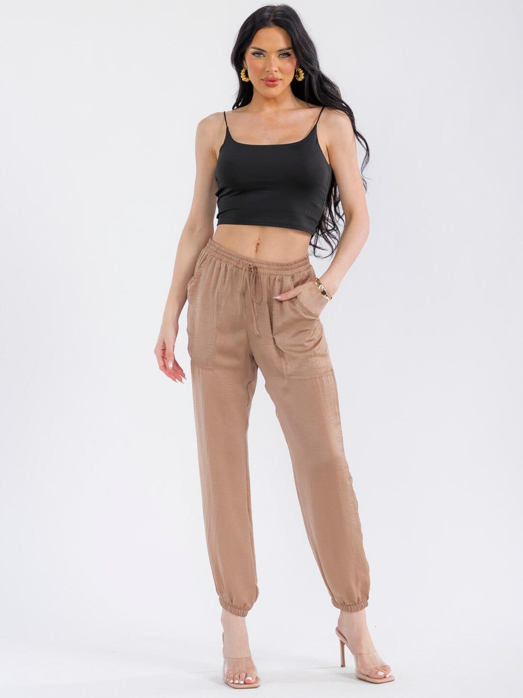 WOMEN'S ELASTIC WAIST POCKETS JOGGER LEG PANTS