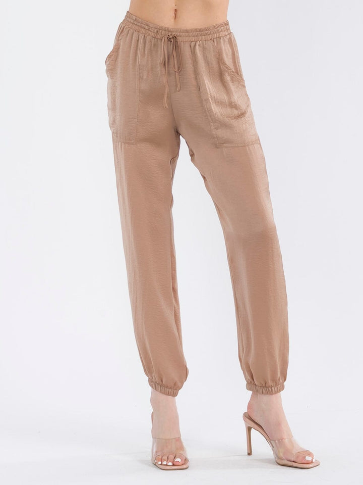 WOMEN'S ELASTIC WAIST POCKETS JOGGER LEG PANTS