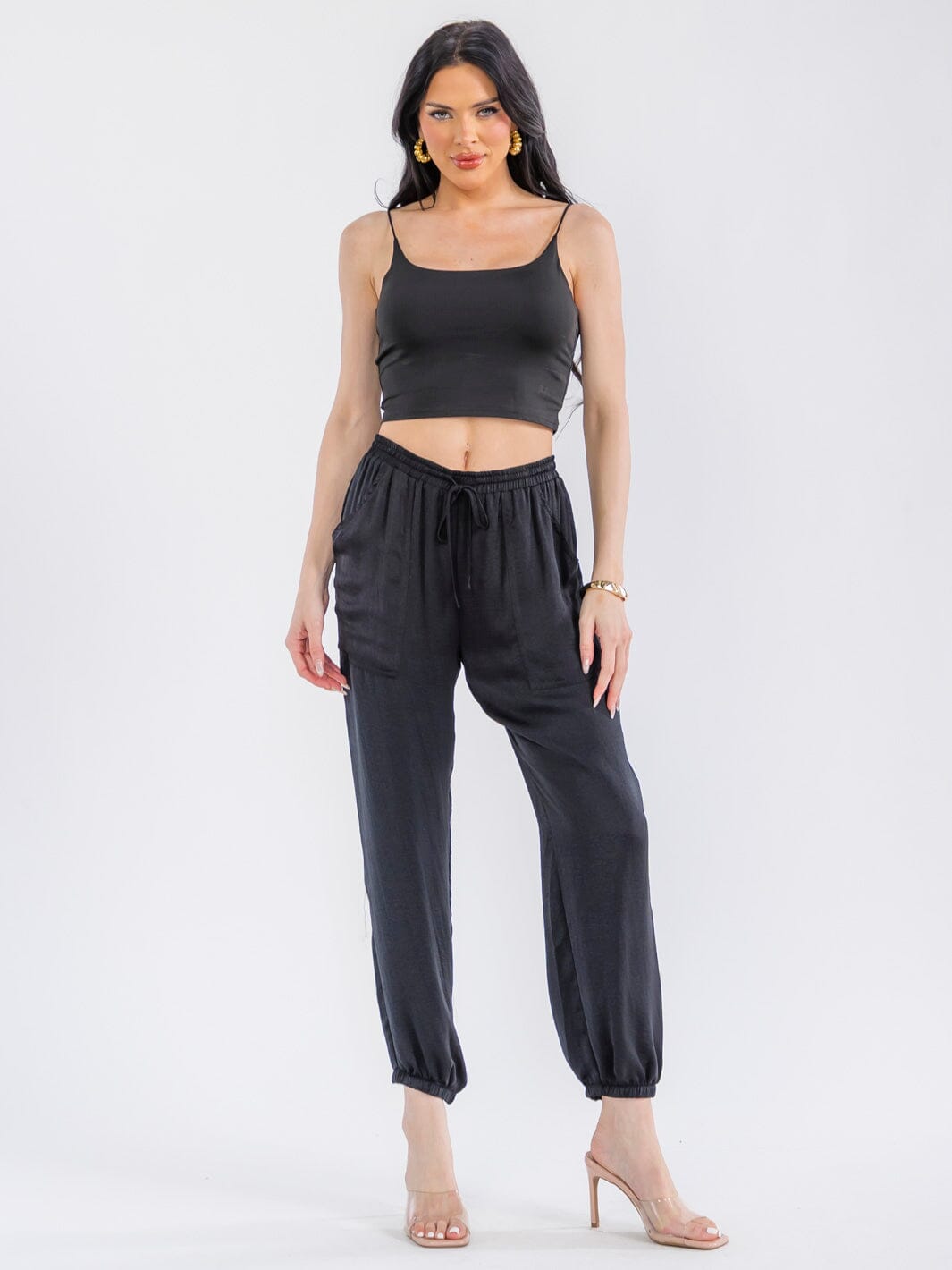 WOMEN'S ELASTIC WAIST POCKETS JOGGER LEG PANTS