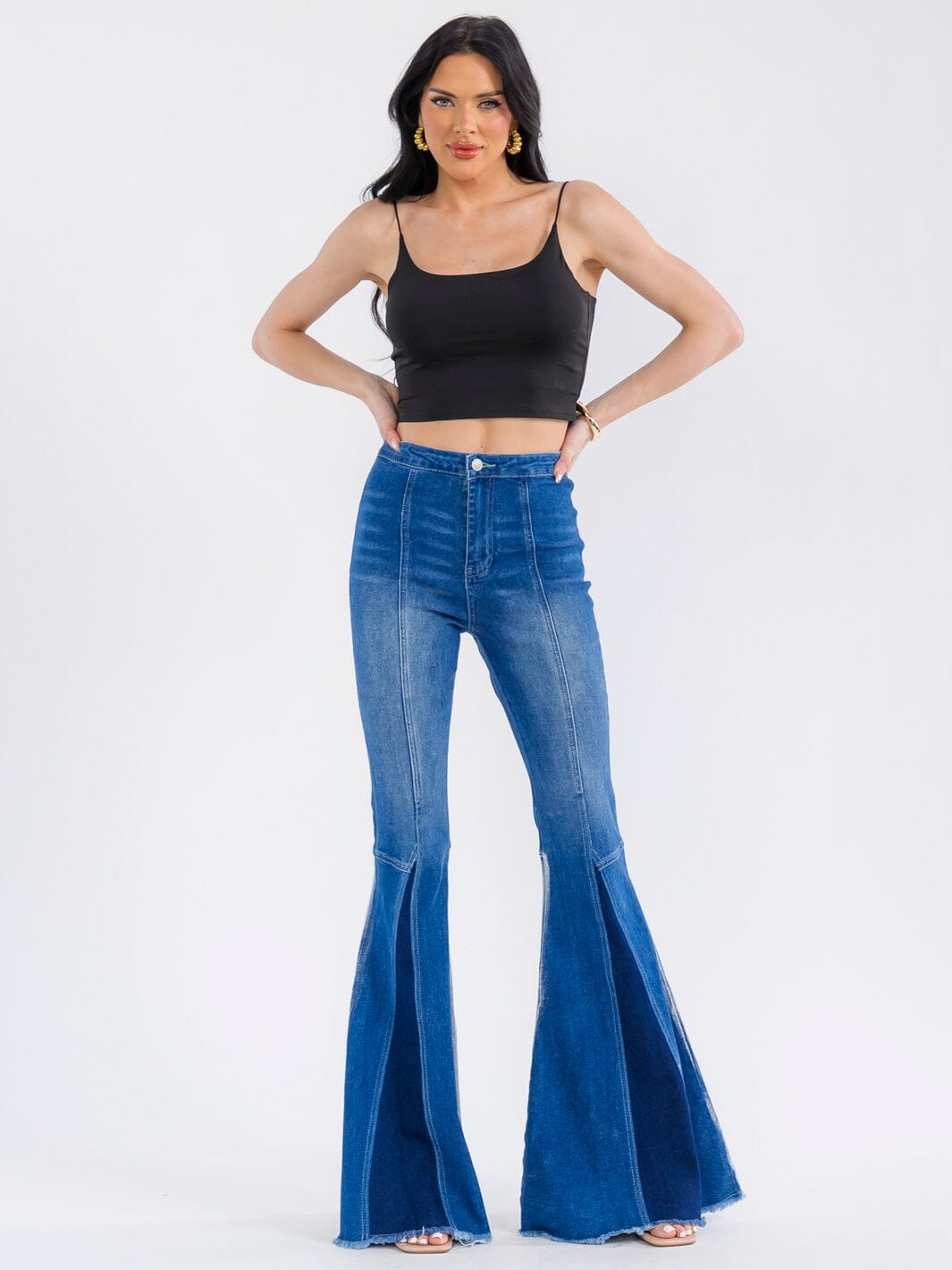 WOMEN'S BUTTON CLOSURE POCKETS COLORBLOCK BELL LEG DENIM PANTS