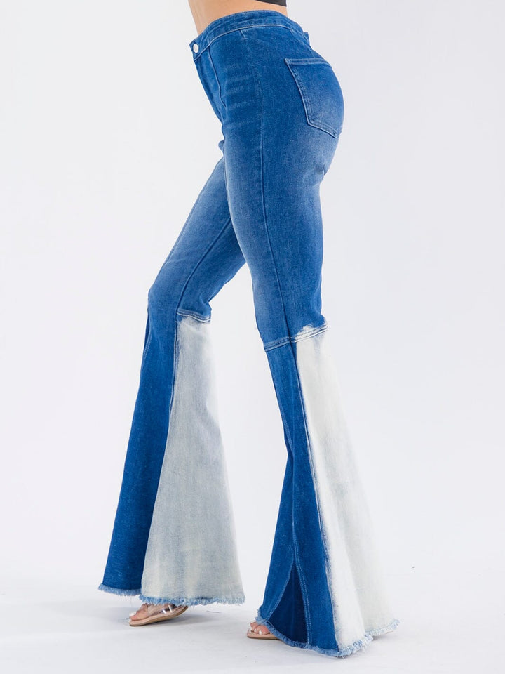 WOMEN'S BUTTON CLOSURE POCKETS COLORBLOCK BELL LEG DENIM PANTS