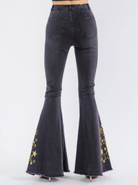 WOMEN'S BUTTON CLOSURE POCKETS STUDS EMBROIDERY BELL LEG DENIM PANTS