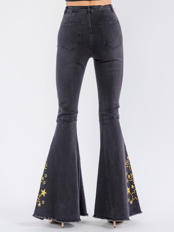 WOMEN'S BUTTON CLOSURE POCKETS STUDS EMBROIDERY BELL LEG DENIM PANTS