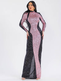 WOMEN'S LONG SLEEVE MOCK NECK COLORBLOCK BODYCON SEQUINS MAXI DRESS