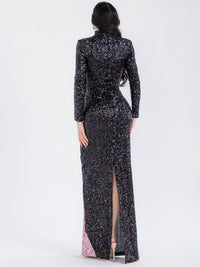 WOMEN'S LONG SLEEVE MOCK NECK COLORBLOCK BODYCON SEQUINS MAXI DRESS