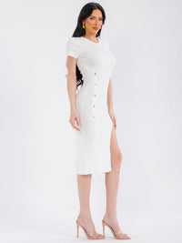 WOMEN'S SHORT SLEEVE FRONT SLIT RIBBED BODYCON MIDI DRESS