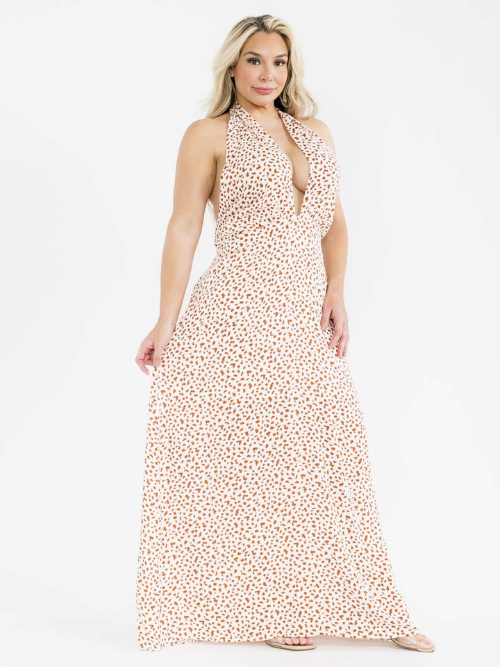 PLUS SIZE SLEEVELESS HALTER NECK OPEN BACK ANIMAL PRINT MAXI DRESS