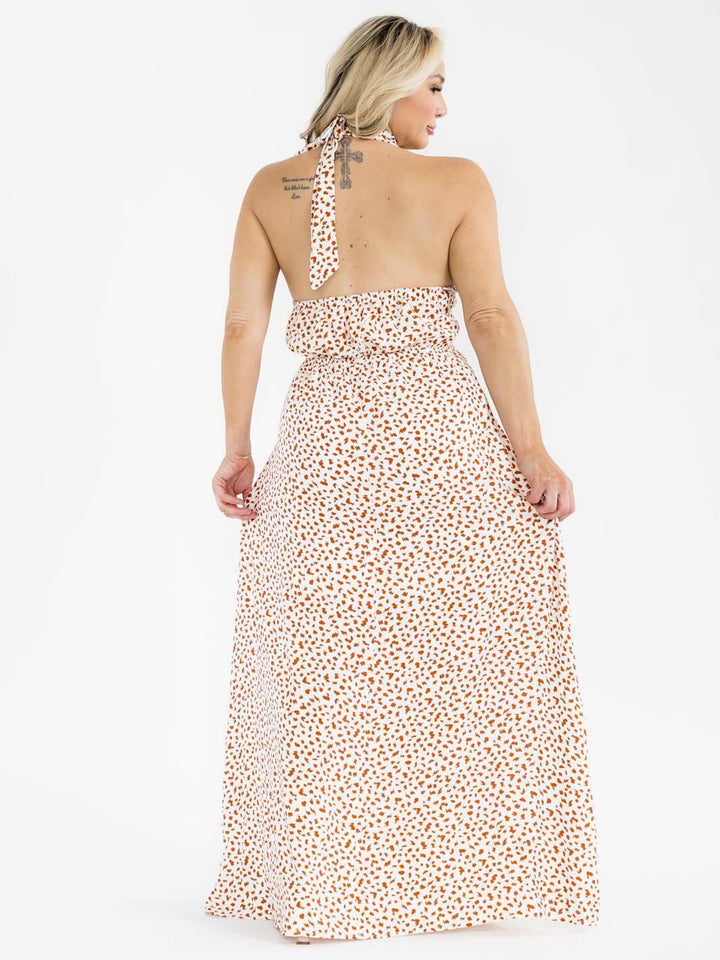 PLUS SIZE SLEEVELESS HALTER NECK OPEN BACK ANIMAL PRINT MAXI DRESS
