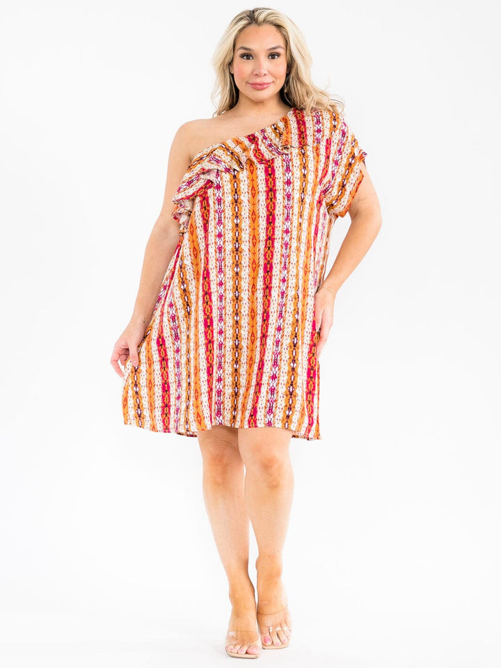 PLUS SIZE ONE SHOULDER RUFFLE MULTI PRINT MINI DRESS