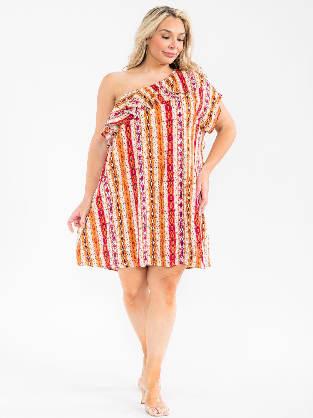 PLUS SIZE ONE SHOULDER RUFFLE MULTI PRINT MINI DRESS