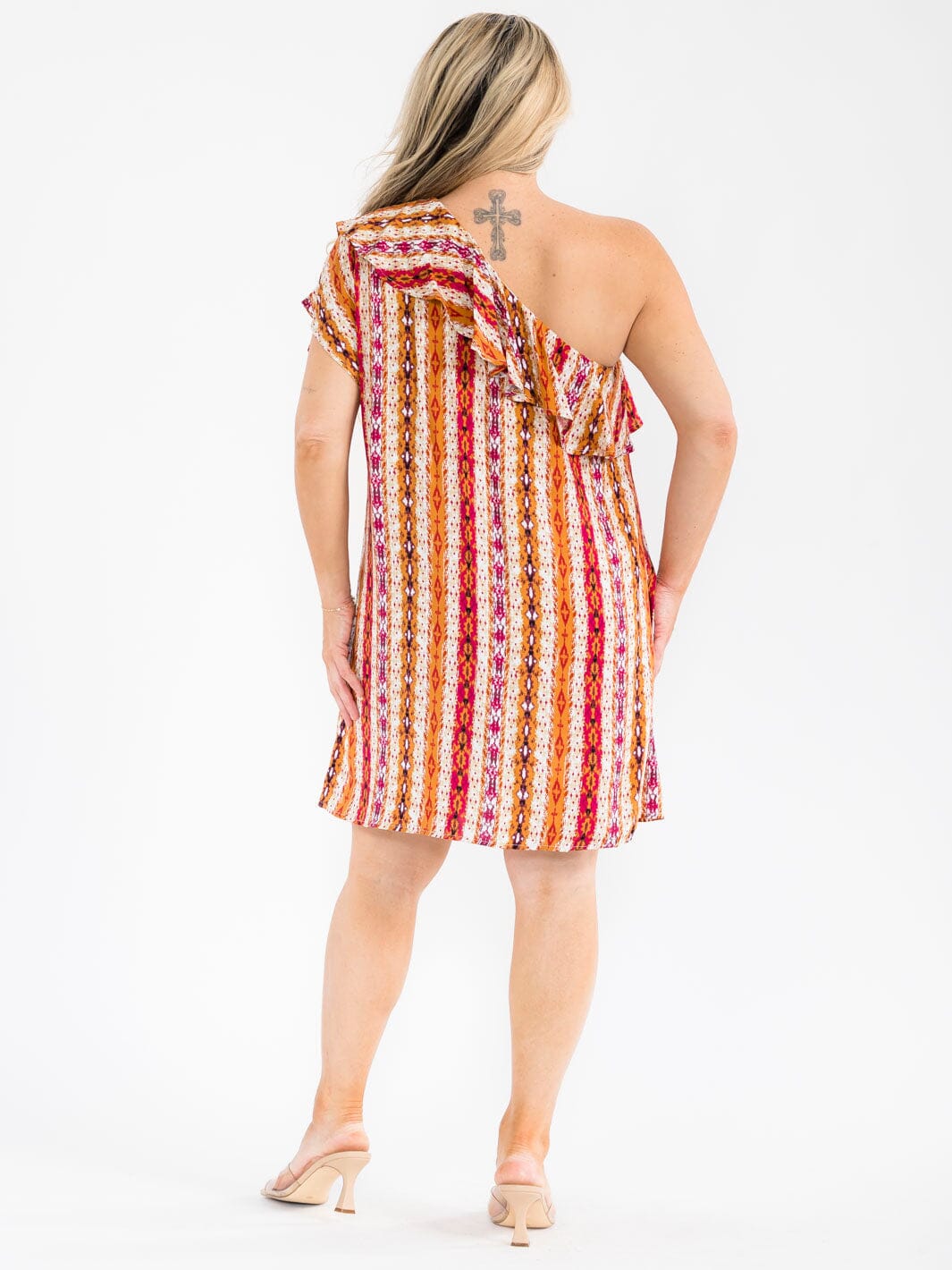 PLUS SIZE ONE SHOULDER RUFFLE MULTI PRINT MINI DRESS