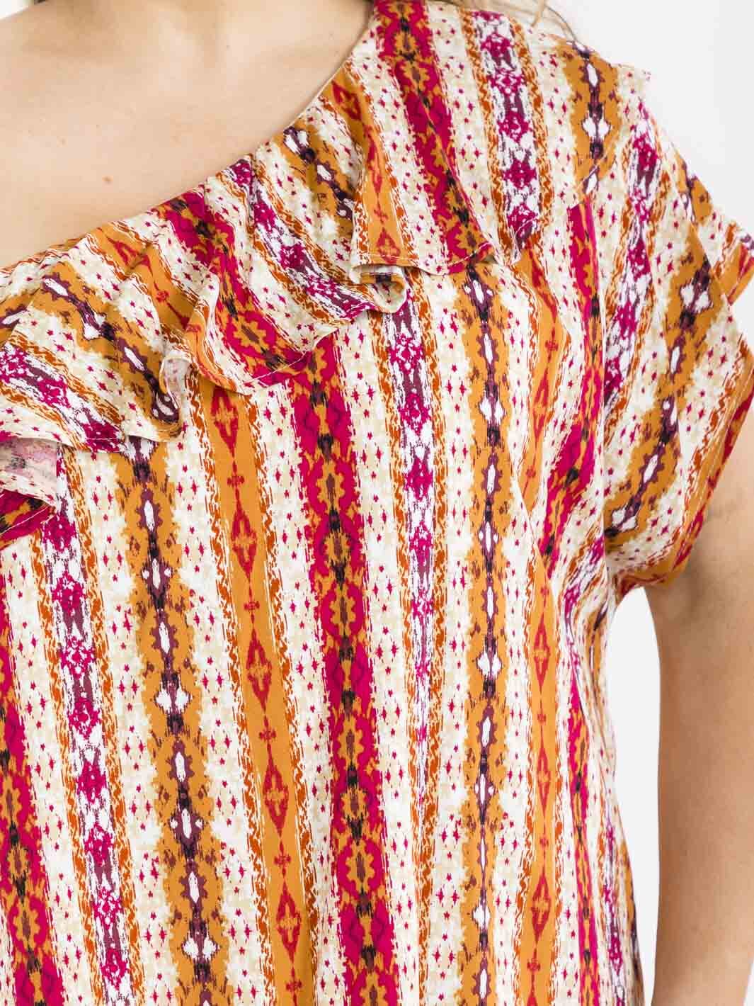 PLUS SIZE ONE SHOULDER RUFFLE MULTI PRINT MINI DRESS