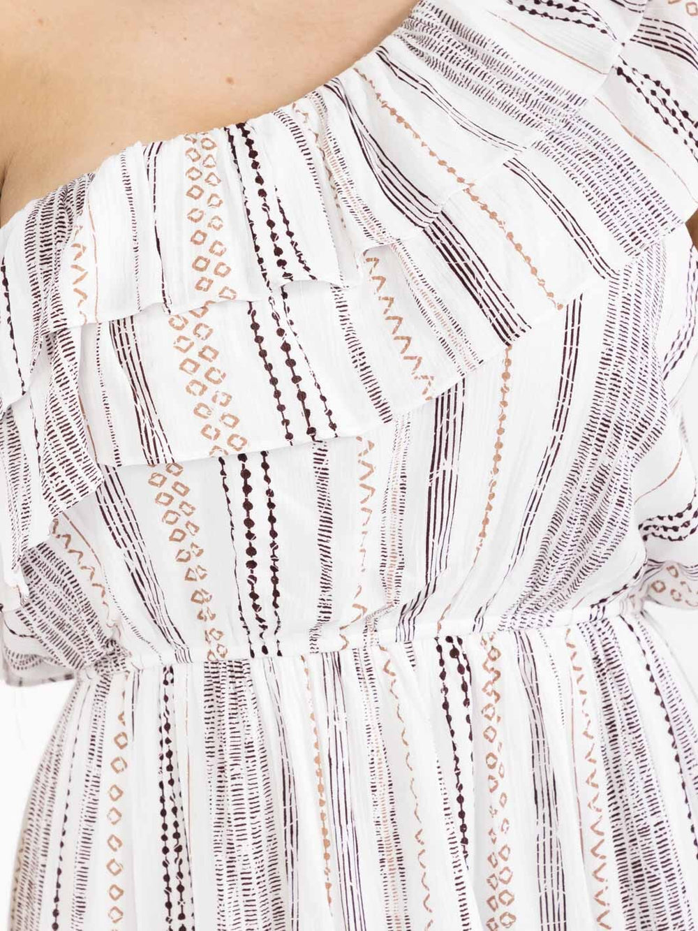 PLUS SIZE ONE SHOULDER ELASTIC WAIST RUFFLE MULTI PRINT MINI DRESS