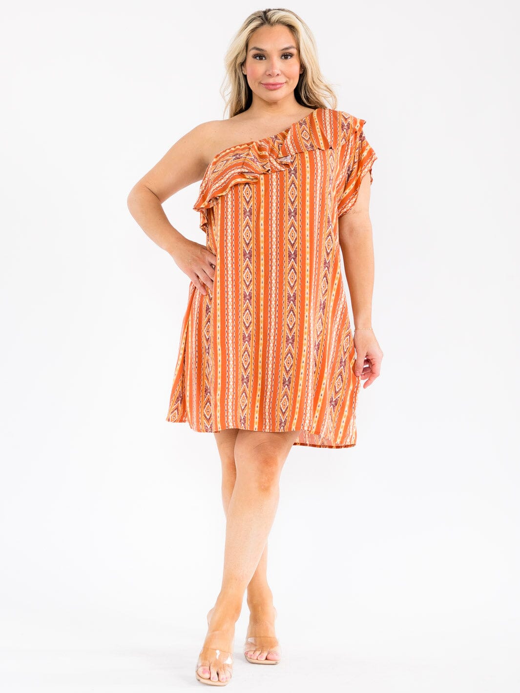 PLUS SIZE ONE SHOULDER RUFFLE MULTI PRINT MINI DRESS