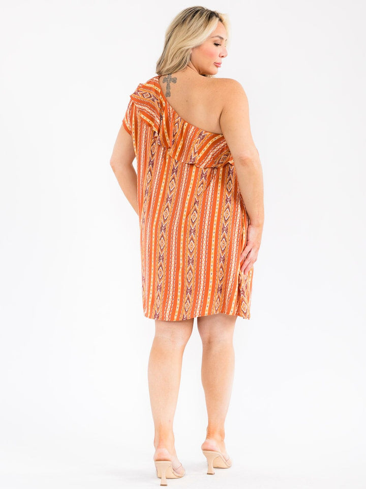 PLUS SIZE ONE SHOULDER RUFFLE MULTI PRINT MINI DRESS