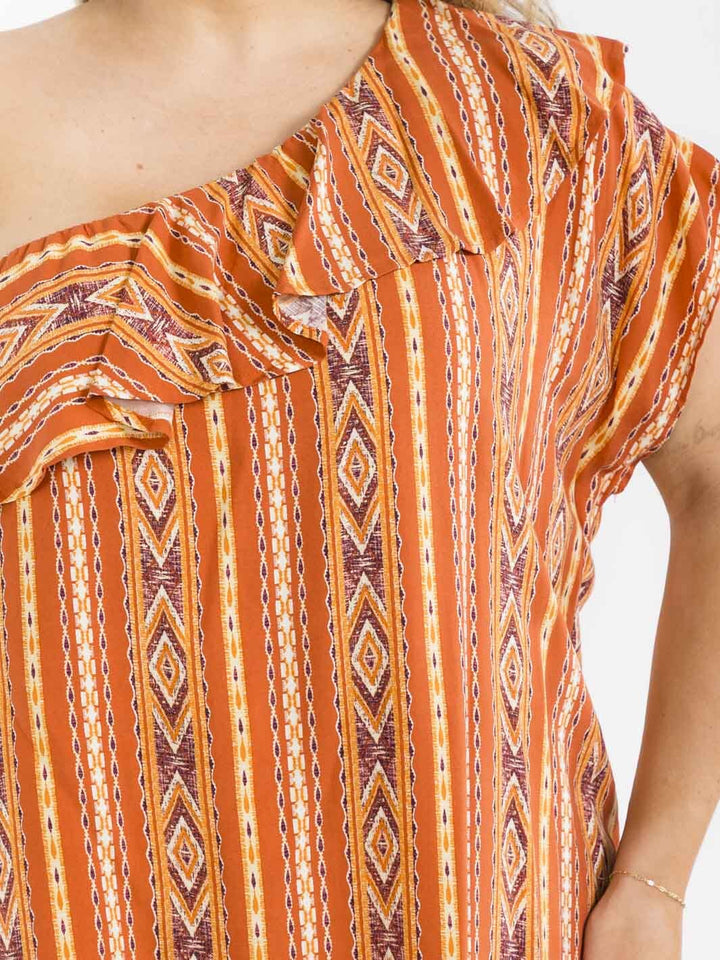 PLUS SIZE ONE SHOULDER RUFFLE MULTI PRINT MINI DRESS