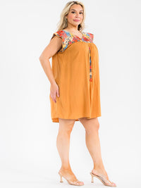PLUS SIZE SHORT SLEEVE FLORAL EMBROIDERY MULTI PRINT TUNIC MINI DRESS