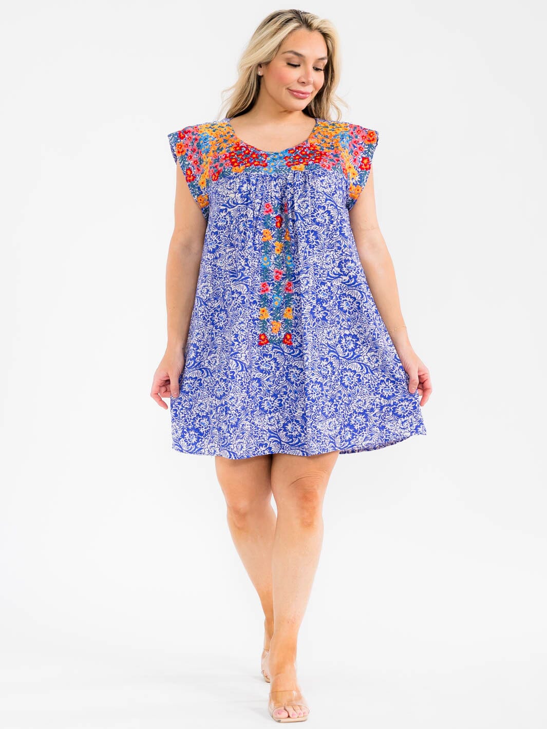 PLUS SIZE SHORT SLEEVE FLORAL EMBROIDERY MULTI PRINT TUNIC MINI DRESS