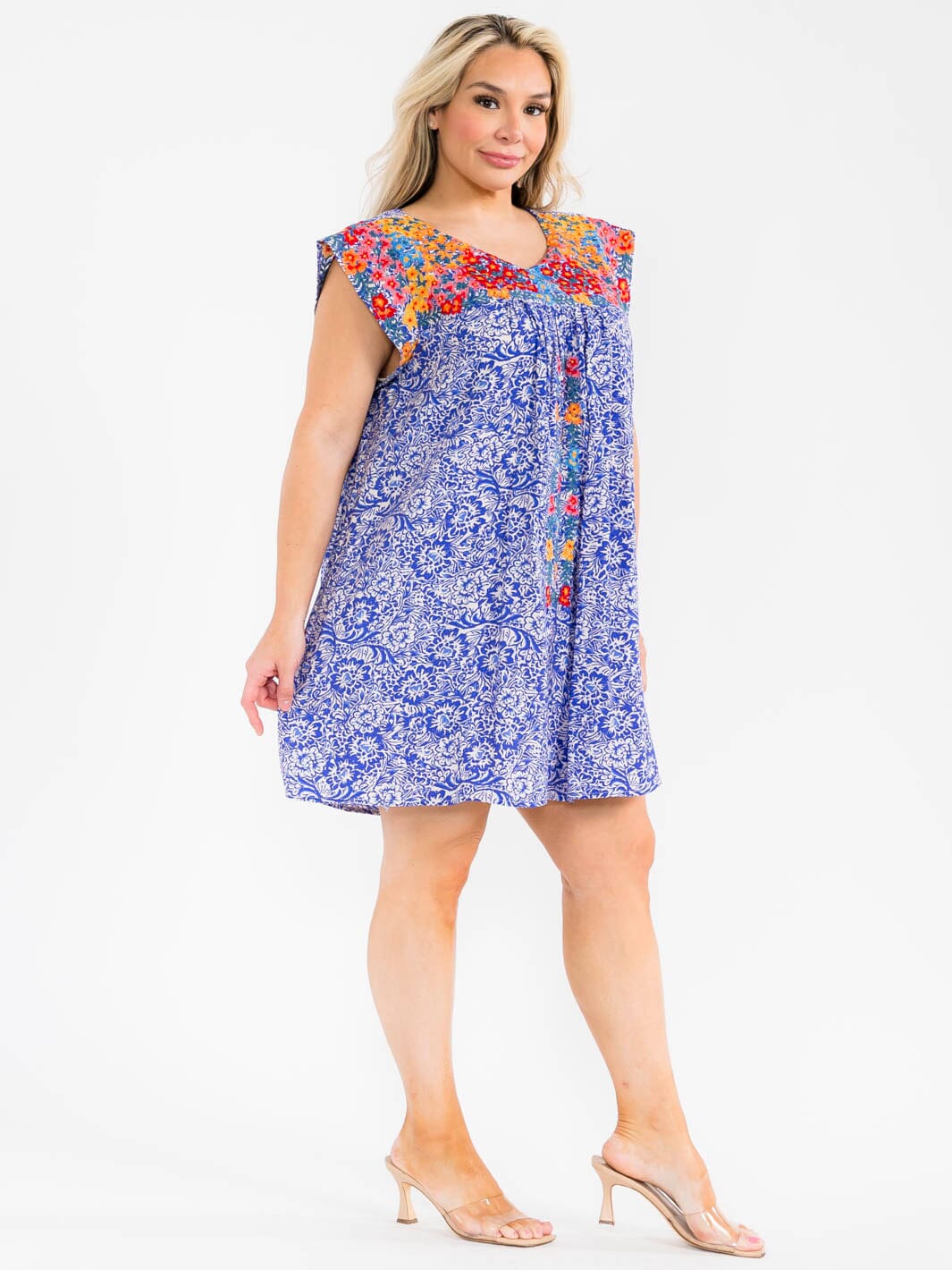 PLUS SIZE SHORT SLEEVE FLORAL EMBROIDERY MULTI PRINT TUNIC MINI DRESS