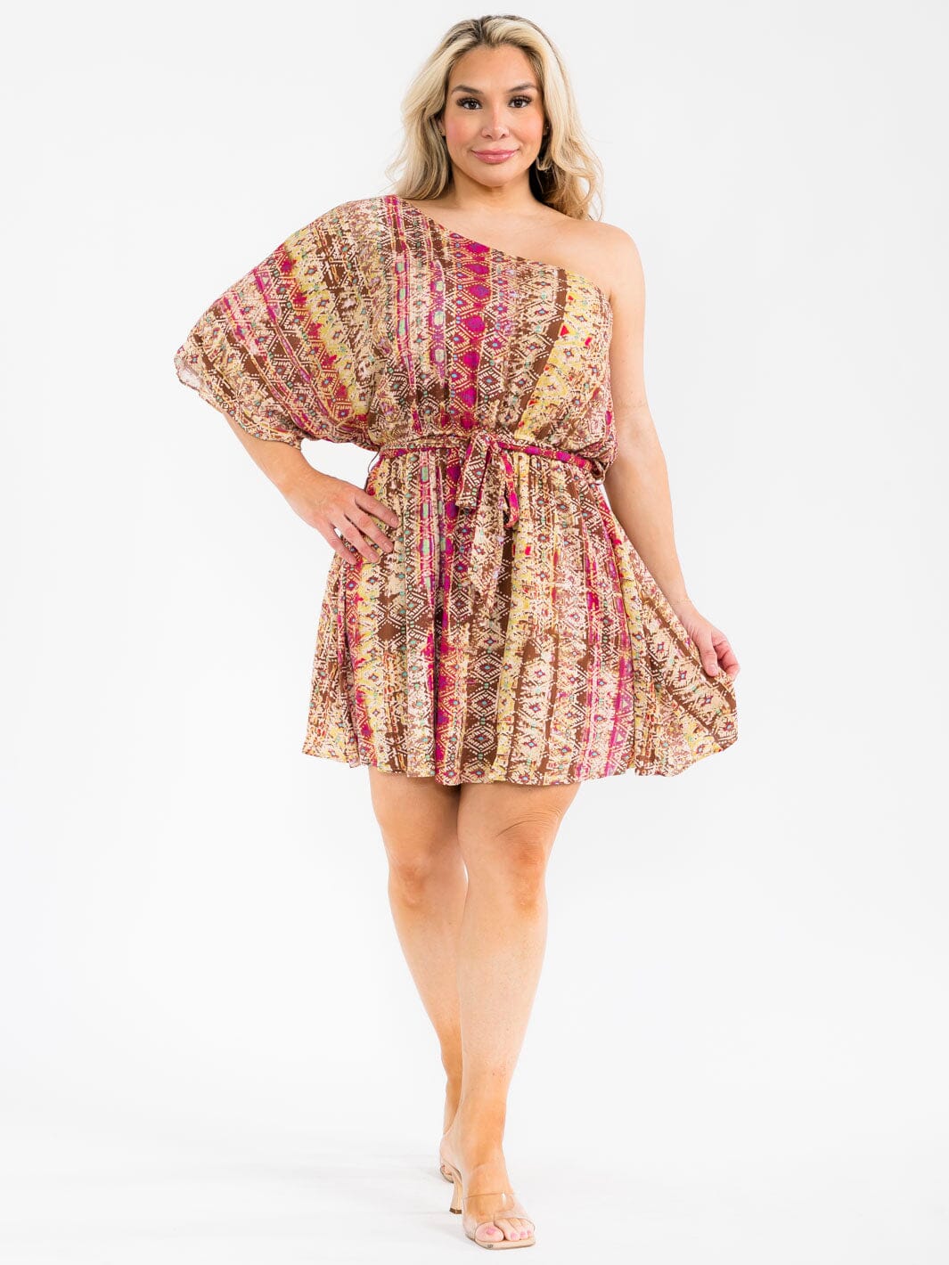 PLUS SIZE ONE SHOULDER ELASTIC WAIST SELF TIE MULTI PRINT MINI DRESS