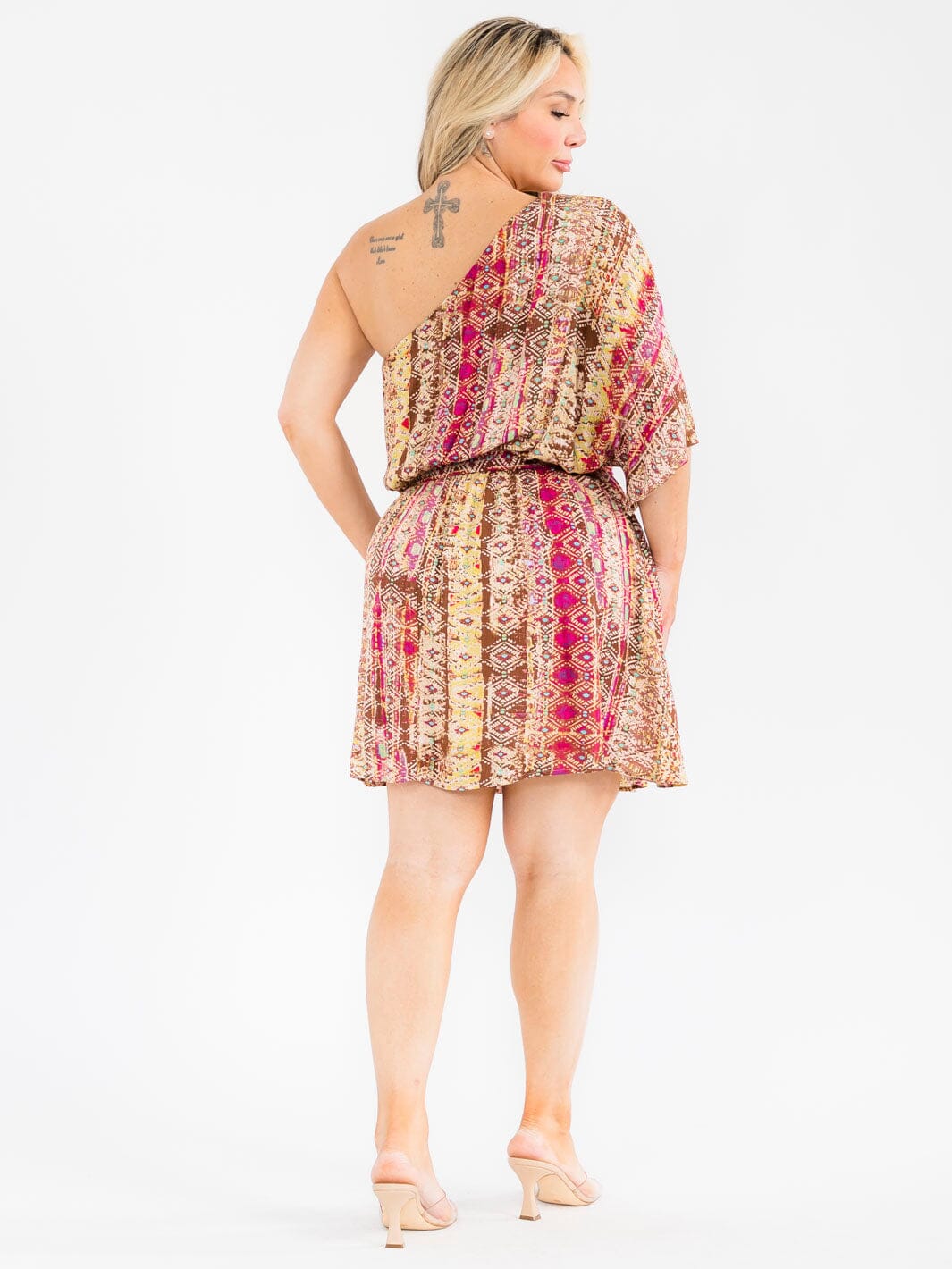 PLUS SIZE ONE SHOULDER ELASTIC WAIST SELF TIE MULTI PRINT MINI DRESS