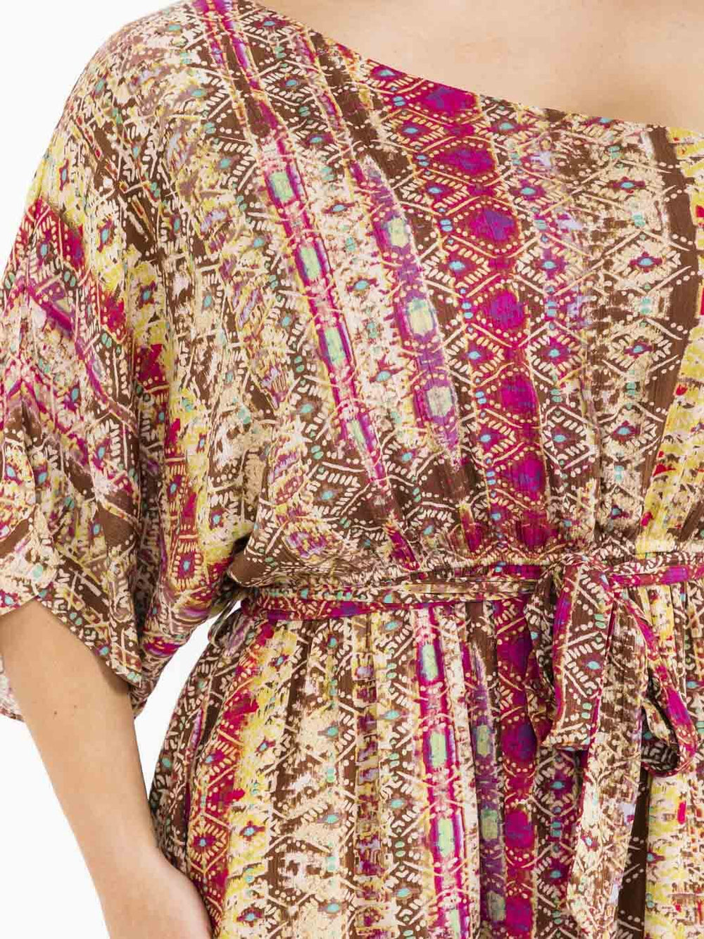 PLUS SIZE ONE SHOULDER ELASTIC WAIST SELF TIE MULTI PRINT MINI DRESS