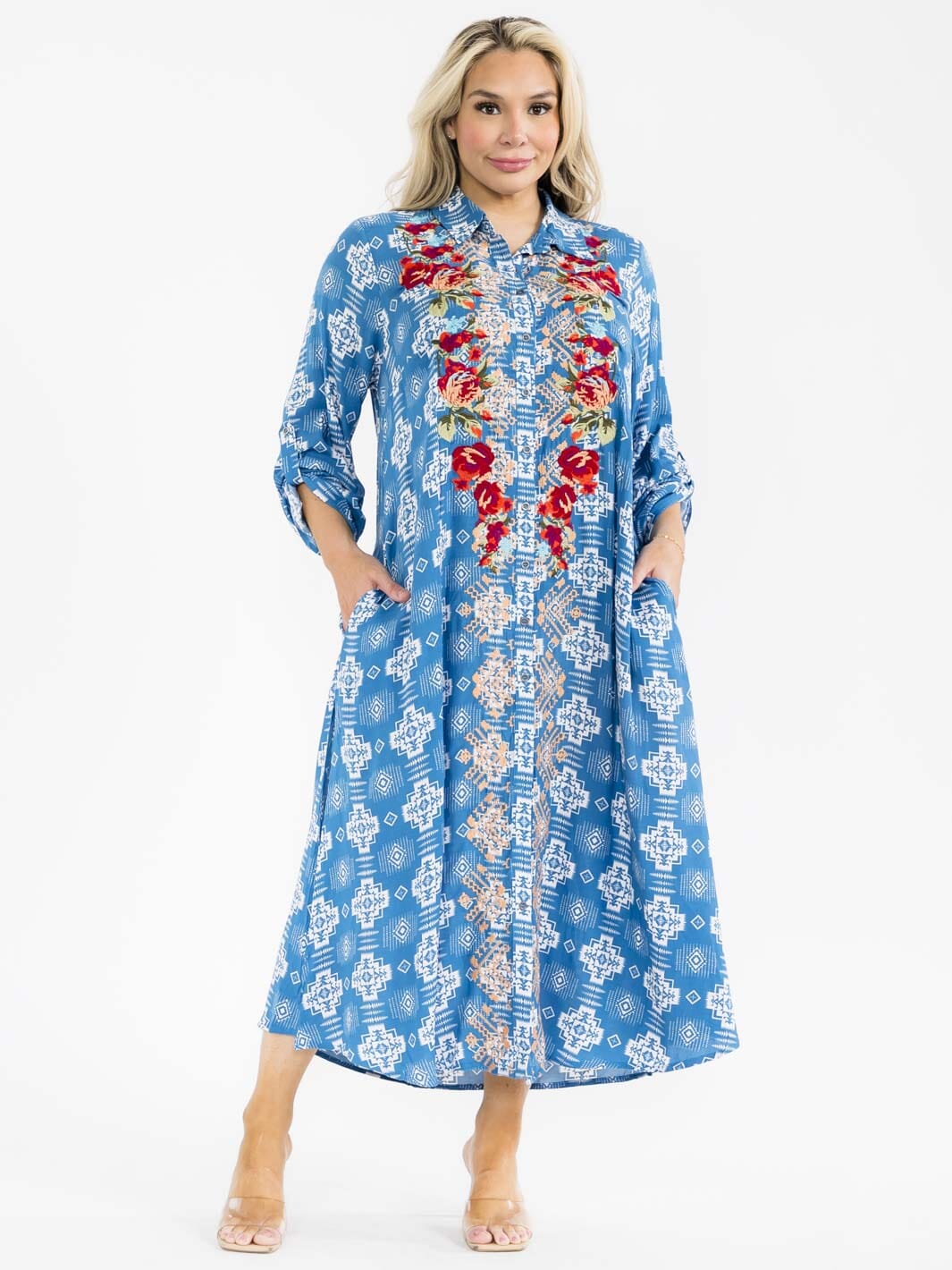 PLUS SIZE LONG SLEEVE BUTTON UP SLIT FLORAL EMBROIDERY POCKETS MULTI PRINT MAXI DRESS
