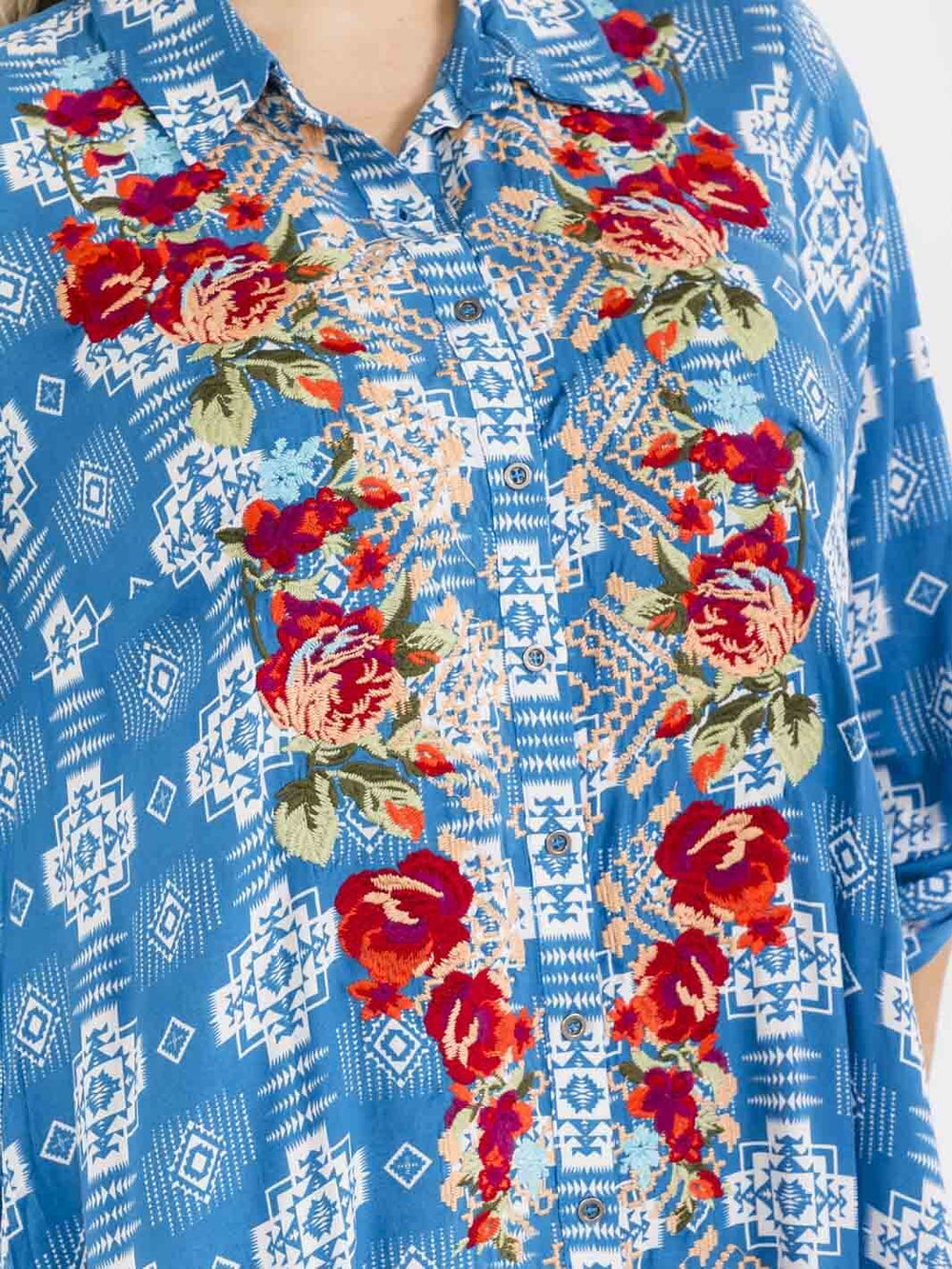 PLUS SIZE LONG SLEEVE BUTTON UP SLIT FLORAL EMBROIDERY POCKETS MULTI PRINT MAXI DRESS