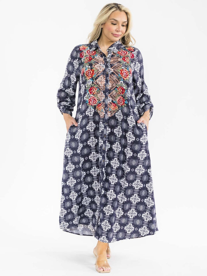 PLUS SIZE LONG SLEEVE BUTTON UP SLIT FLORAL EMBROIDERY POCKETS MULTI PRINT MAXI DRESS