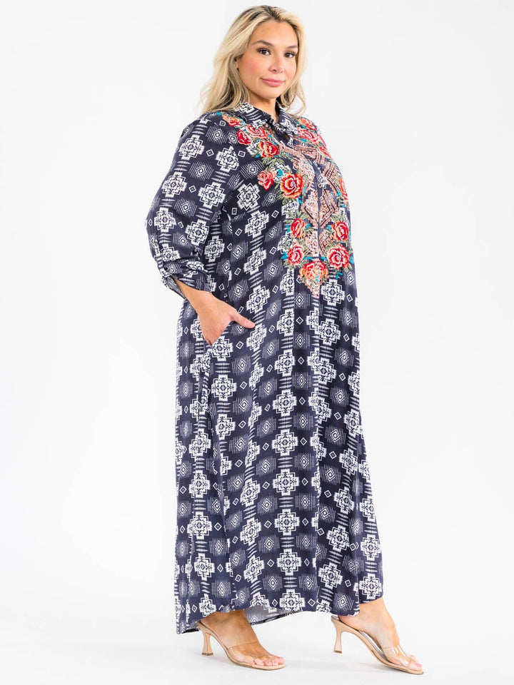 PLUS SIZE LONG SLEEVE BUTTON UP SLIT FLORAL EMBROIDERY POCKETS MULTI PRINT MAXI DRESS