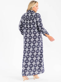 PLUS SIZE LONG SLEEVE BUTTON UP SLIT FLORAL EMBROIDERY POCKETS MULTI PRINT MAXI DRESS