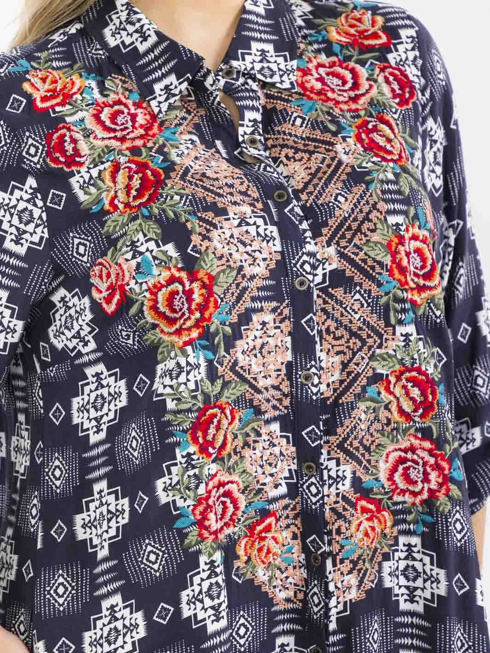 PLUS SIZE LONG SLEEVE BUTTON UP SLIT FLORAL EMBROIDERY POCKETS MULTI PRINT MAXI DRESS