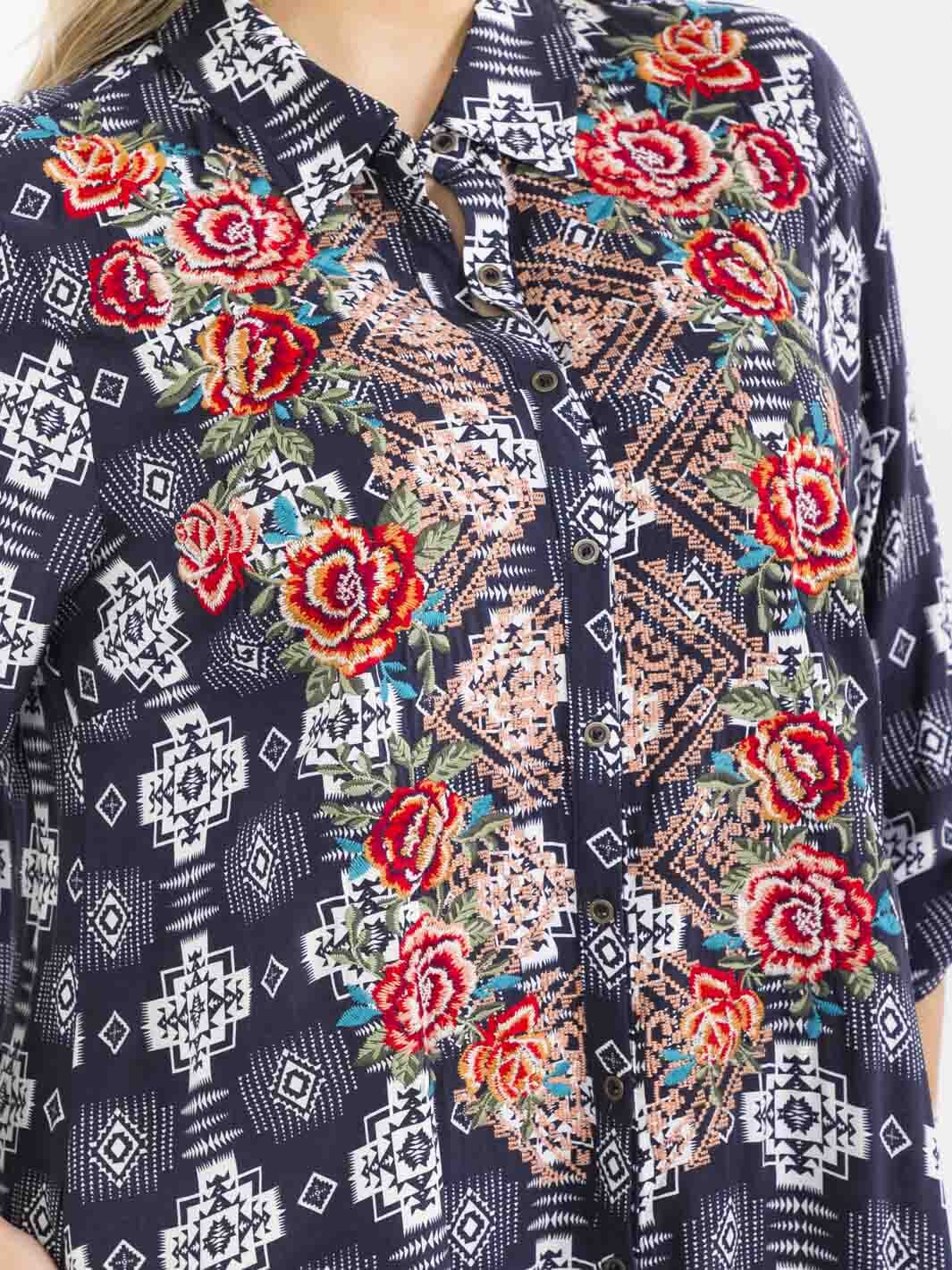 PLUS SIZE LONG SLEEVE BUTTON UP SLIT FLORAL EMBROIDERY POCKETS MULTI PRINT MAXI DRESS