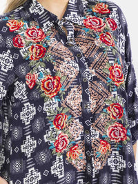 PLUS SIZE LONG SLEEVE BUTTON UP SLIT FLORAL EMBROIDERY POCKETS MULTI PRINT MAXI DRESS