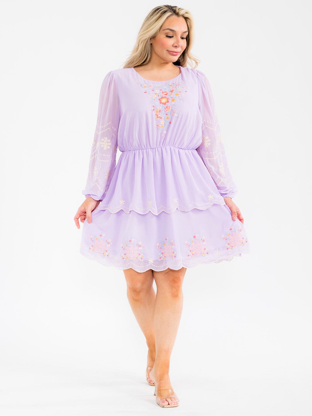 PLUS SIZE LONG SLEEVE ELASTIC WAIST TIERED EMBROIDERY FLORAL MINI DRESS