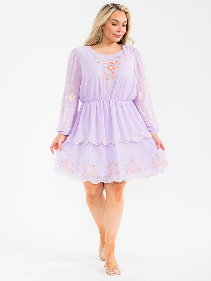 PLUS SIZE LONG SLEEVE ELASTIC WAIST TIERED EMBROIDERY FLORAL MINI DRESS